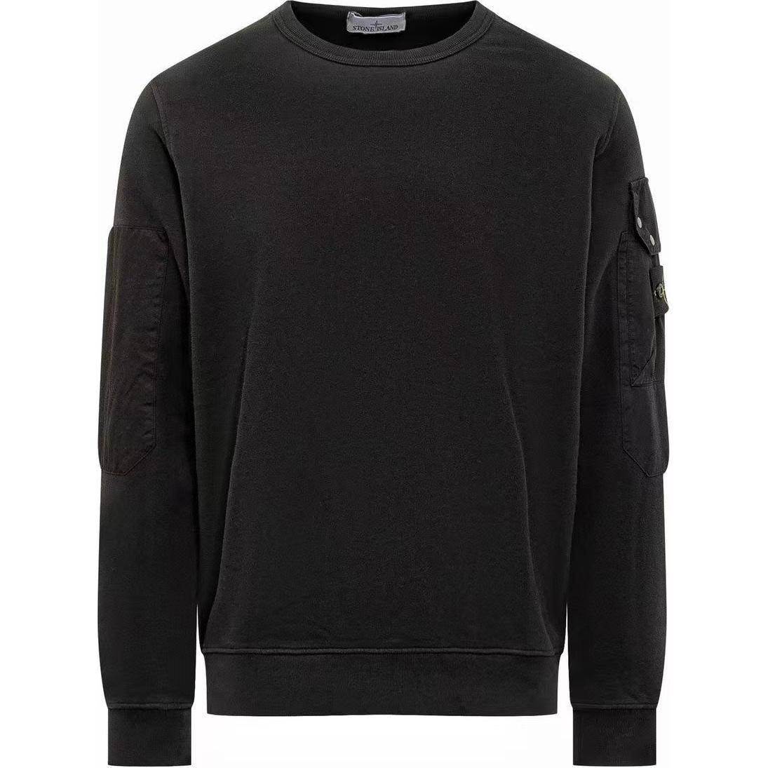 STONE ISLAND FW24 Logo Arm Pocket Fleece Cotton Crewneck Sweatshirt Black Unisex 811563920-V0029