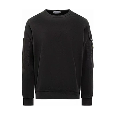 STONE ISLAND FW24 Logo Arm Pocket Fleece Cotton Crewneck Sweatshirt Black Unisex 811563920-V0029