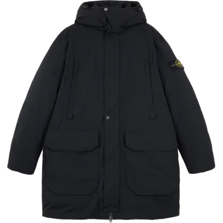 Stone Island FW24 Micro Twill Black Hooded Long Down Jacket Coat 811570726-V0029