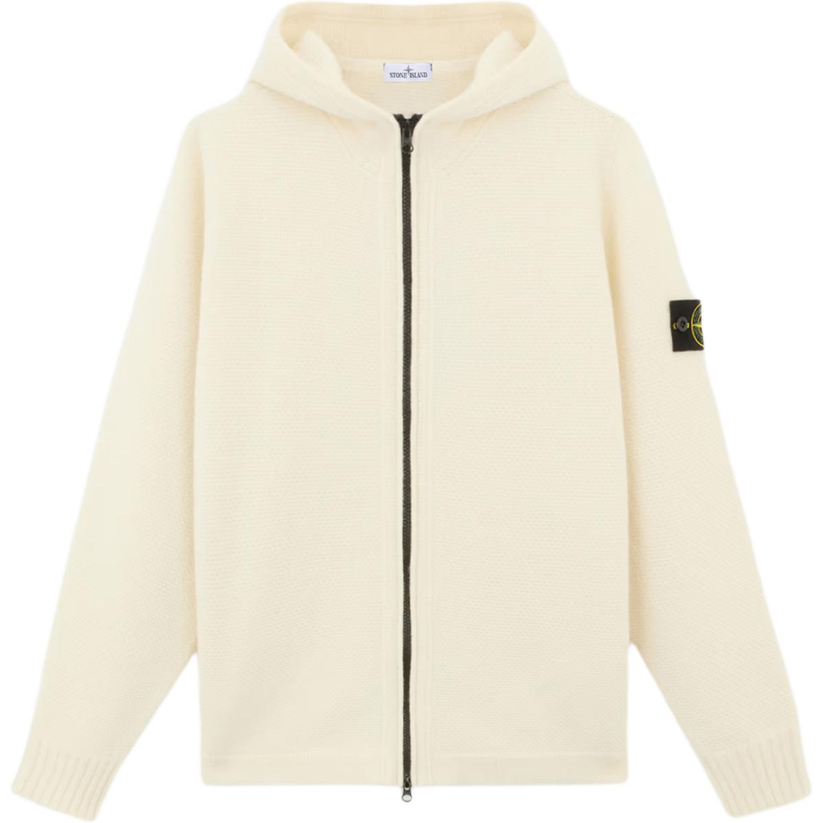 Stone Island FW24 Off-White Wool Zip-Up Knit Hooded Jacket 8115567A3-V0099