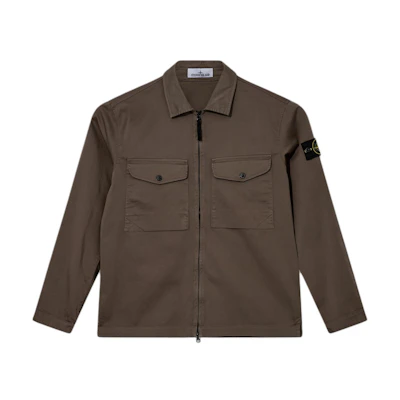 STONE ISLAND FW24 Organic Cotton Logo Sleeve Patch Zip Jacket Brown Shirt 811512808-V0075