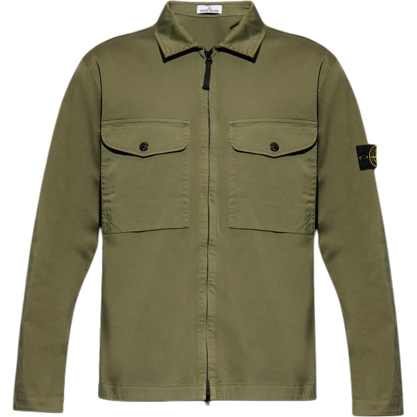 Stone Island FW24 Organic Cotton Logo Zip Jacket - Green Long Sleeve Shirt 811512808-V0059
