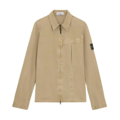 STONE ISLAND FW24 Washed Cotton Stand Collar Shirt Jacket Khaki Menswear 8115103WN-V0194