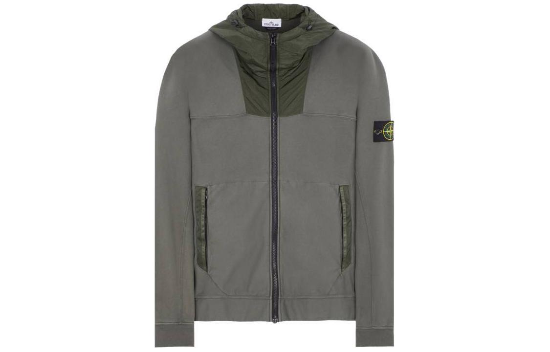 Stone Island Green Colorblock Hooded Zip Jacket with Logo Print 801560354-V0059