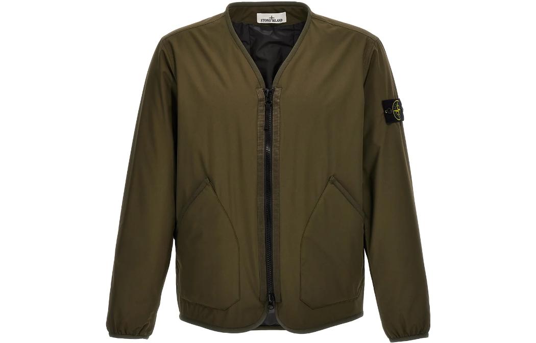 Stone Island Green Solid V-Neck Zip Long Sleeve Jacket 791541127-V0058