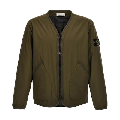 Stone Island Green Solid V-Neck Zip Long Sleeve Jacket 791541127-V0058