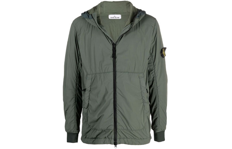 Stone Island Green Zip-Up Hooded Jacket with Logo Patch 751541928-V0055