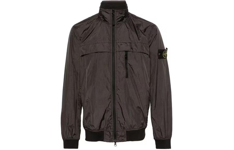 Stone Island Grey Solid Logo Sleeve Patch Zip-Up Jacket with Chest Pocket 801541022-V0065
