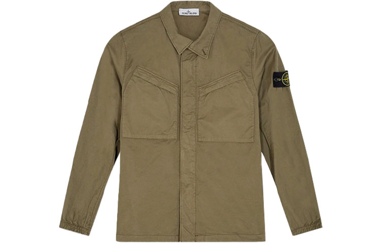 Stone Island Khaki Buttoned Utility Jacket with Dual Front Pockets 741510119-V0058