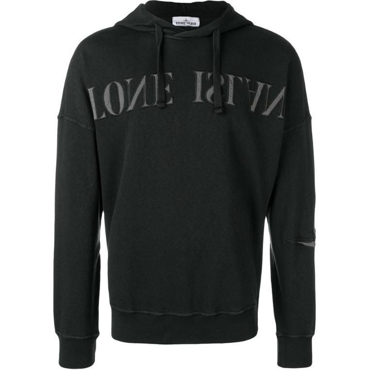 Stone Island Letter Print Black Hoodie Long Sleeve 701561161-V0129