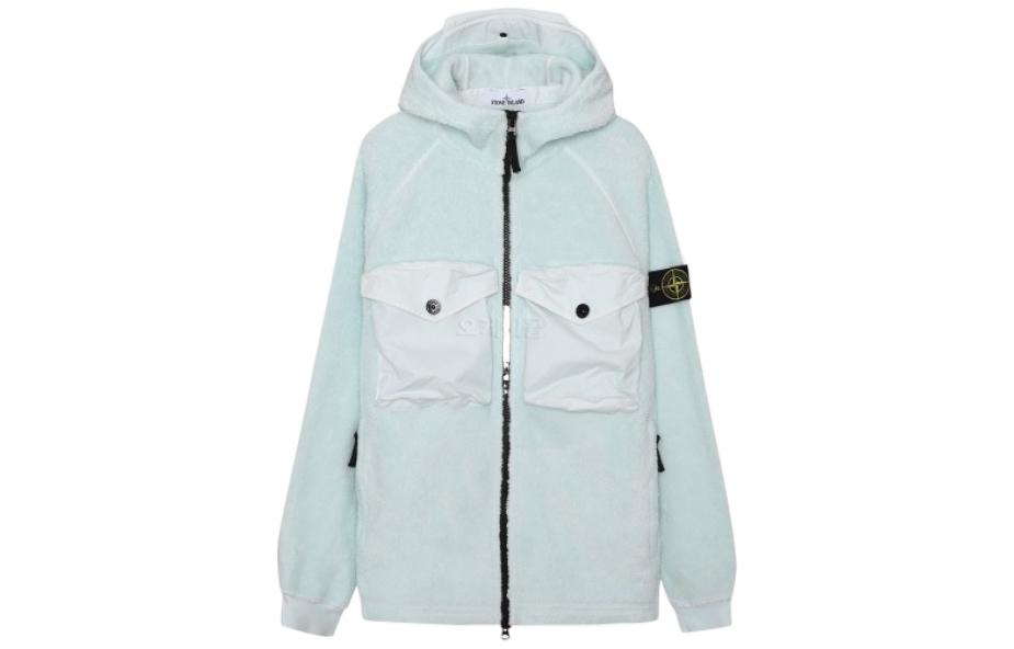 Stone Island Light Blue Fleece-Lined Hoodie Jacket with Chest Pocket 751560134-V0052