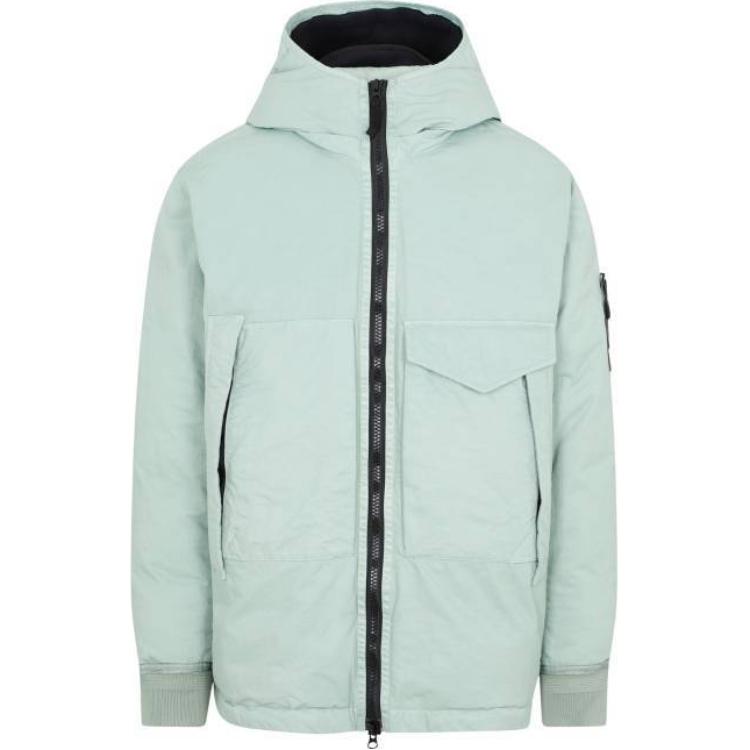 Stone Island Light Green Hooded Zip-Up Jacket with Logo Patch 771541421-V0055