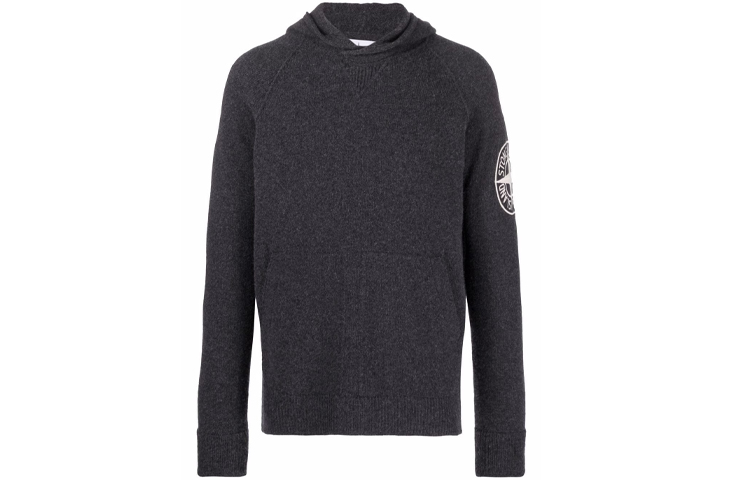 Stone Island Logo Black Pullover Hoodie for Men - Solid Color Long Sleeve 7515513B7-V0065
