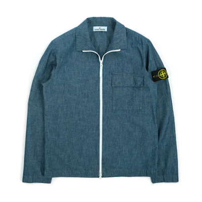STONE ISLAND Logo Collared Jacket Blue Outerwear. 741511207-WASH