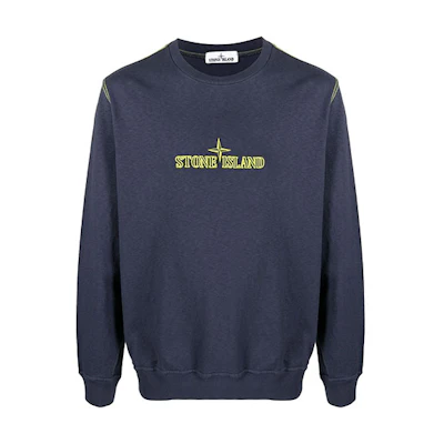 Stone Island Logo Embroidered Cotton Crewneck Sweatshirt Navy Blue 741561459-V0024
