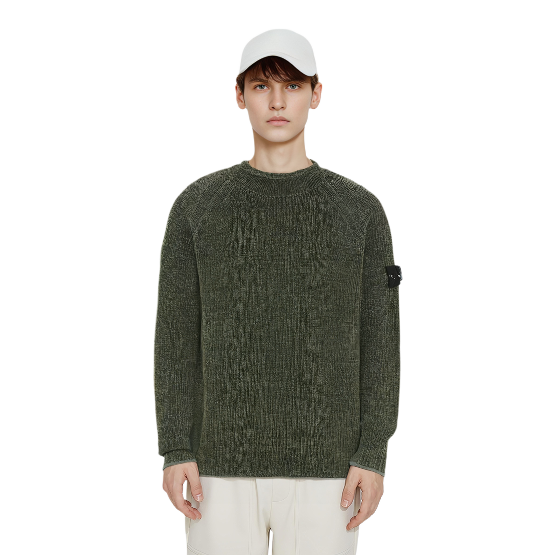 Shop STONE ISLAND Logo High-Neck Green Sweater  Long Sleeve 8115557A9-V0059