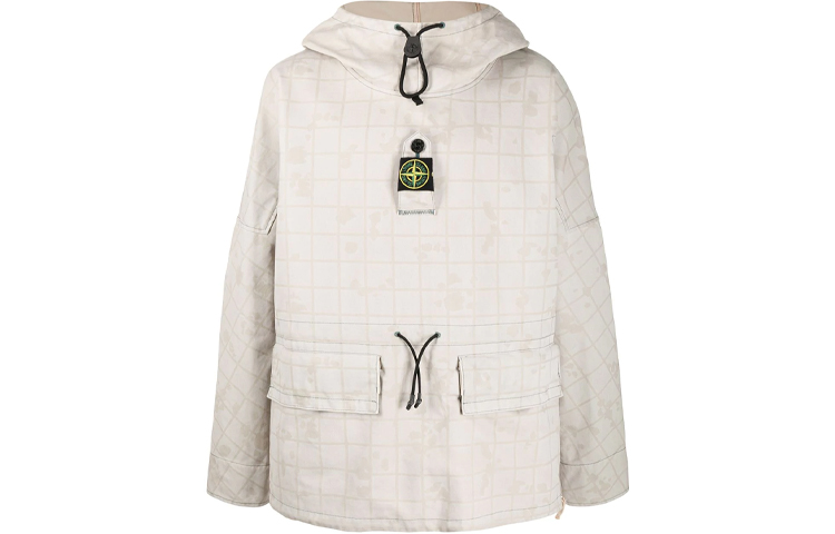 Stone Island Logo Patch Checkered Hooded Jacket Men’s Khaki 7315436E1-V0035