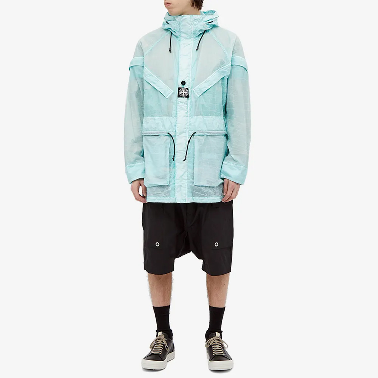 Lookbook ストーンアイランド ロゴパッチ トランスルーセント フードジャケット グリーン 741542999-V0044
