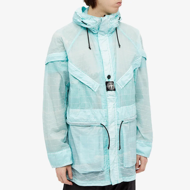 Shop ストーンアイランド ロゴパッチ トランスルーセント フードジャケット グリーン 741542999-V0044