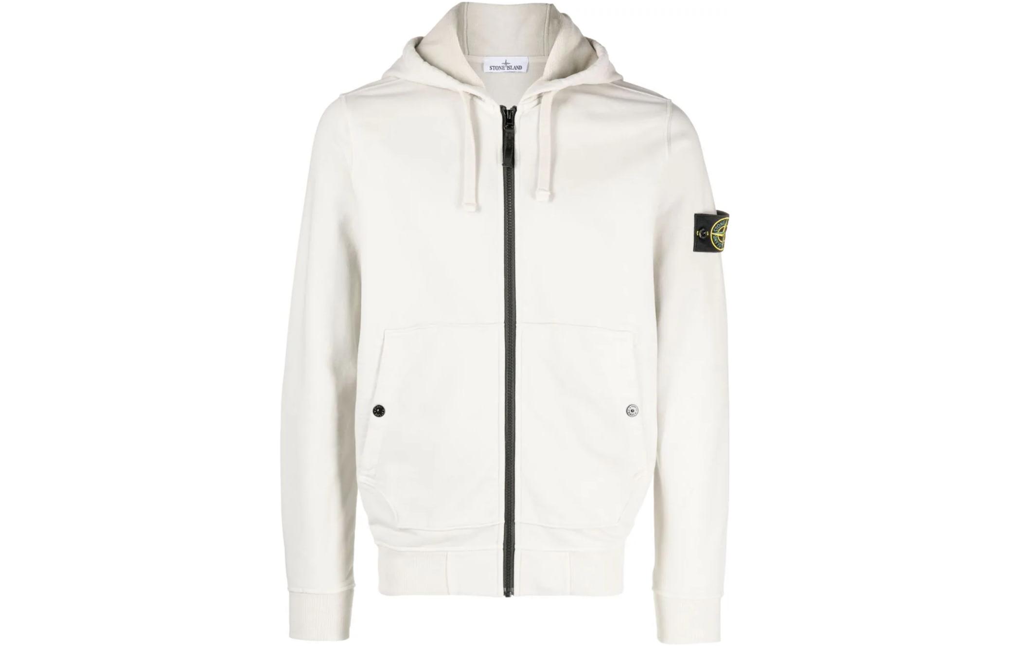 Stone Island Logo Patch Zip-Up Hoodie White Long Sleeve 791561620-V0097