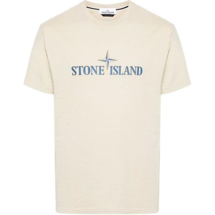 Stone Island Logo Print Casual Crewneck T-Shirt Men’s Plaster Color. 81152NS80-V0097
