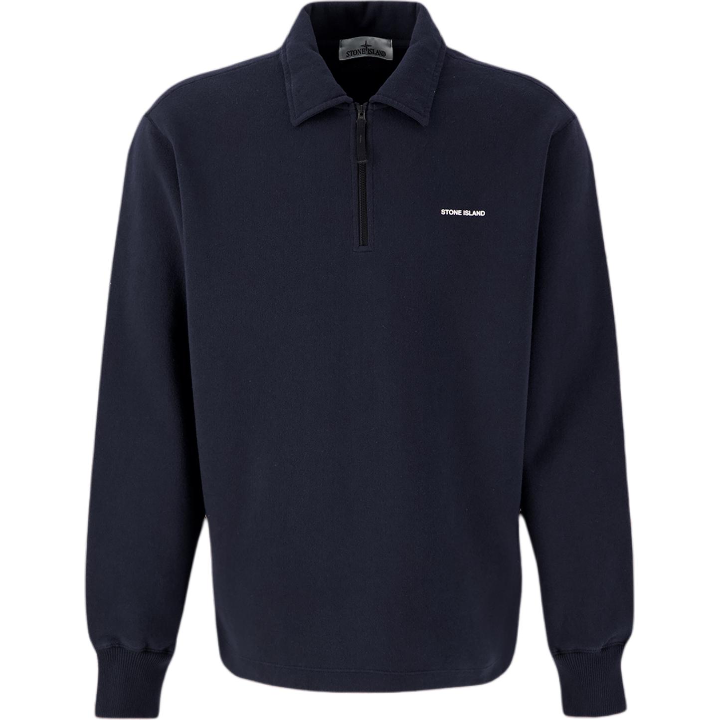 Stone Island Logo Print Collared Pullover Long Sleeve Sweatshirt Navy Blue Men 801561055-V0020