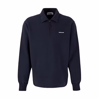 Stone Island Logo Print Collared Pullover Long Sleeve Sweatshirt Navy Blue Men 801561055-V0020