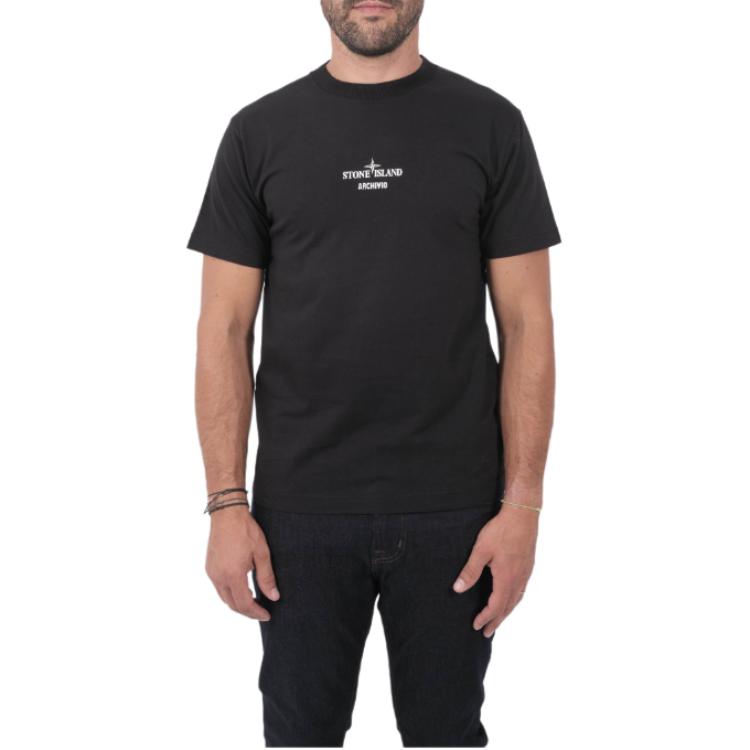 Shop STONE ISLAND Logo Cetak Krew Leher T-Shirt Hitam 81152NS91-V0029