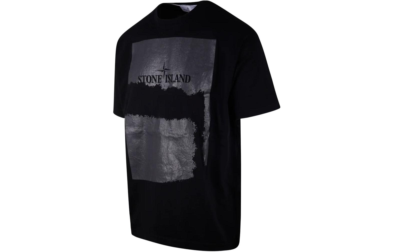 Shop Stone Island 刺繡雙色Logo修身圓領黑色T恤 80152RC90-V0029