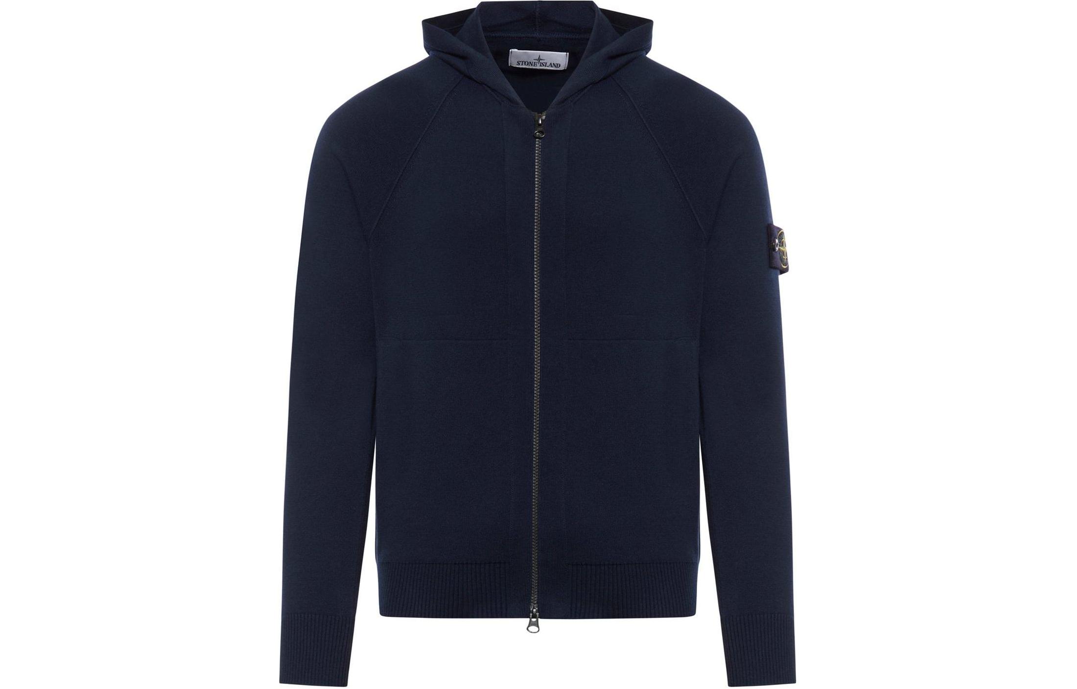 Stone Island Logo Print Zip-Up Hoodie Jacket Navy Blue 8015547B2-V0020