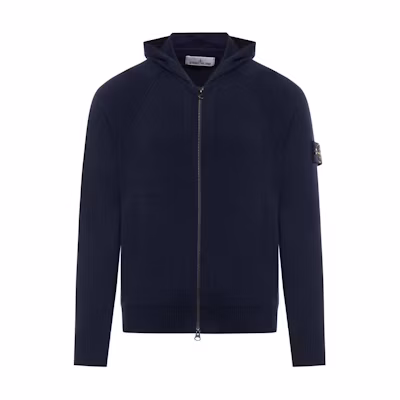 Stone Island Logo Print Zip-Up Hoodie Jacket Navy Blue 8015547B2-V0020
