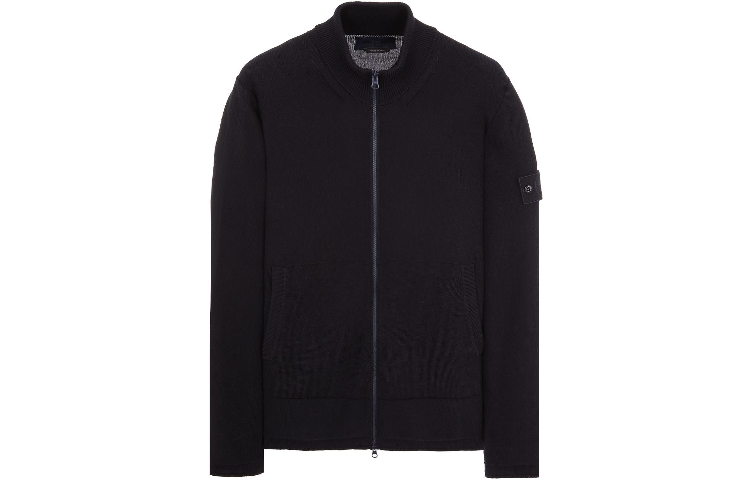 Stone Island Logo Ribbed Collar Navy Blue Zip-Up Jacket for Men 8015541FA-V0020