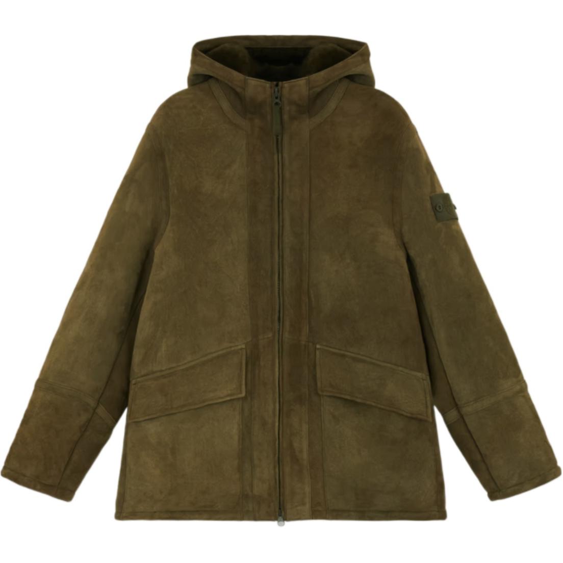 Stone Island Logo Sheepskin Hooded Zip Jacket Green Outerwear 8115002F9-V0054