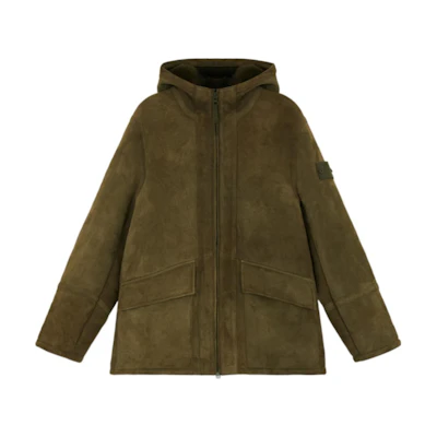 Stone Island Logo Sheepskin Hooded Zip Jacket Green Outerwear 8115002F9-V0054