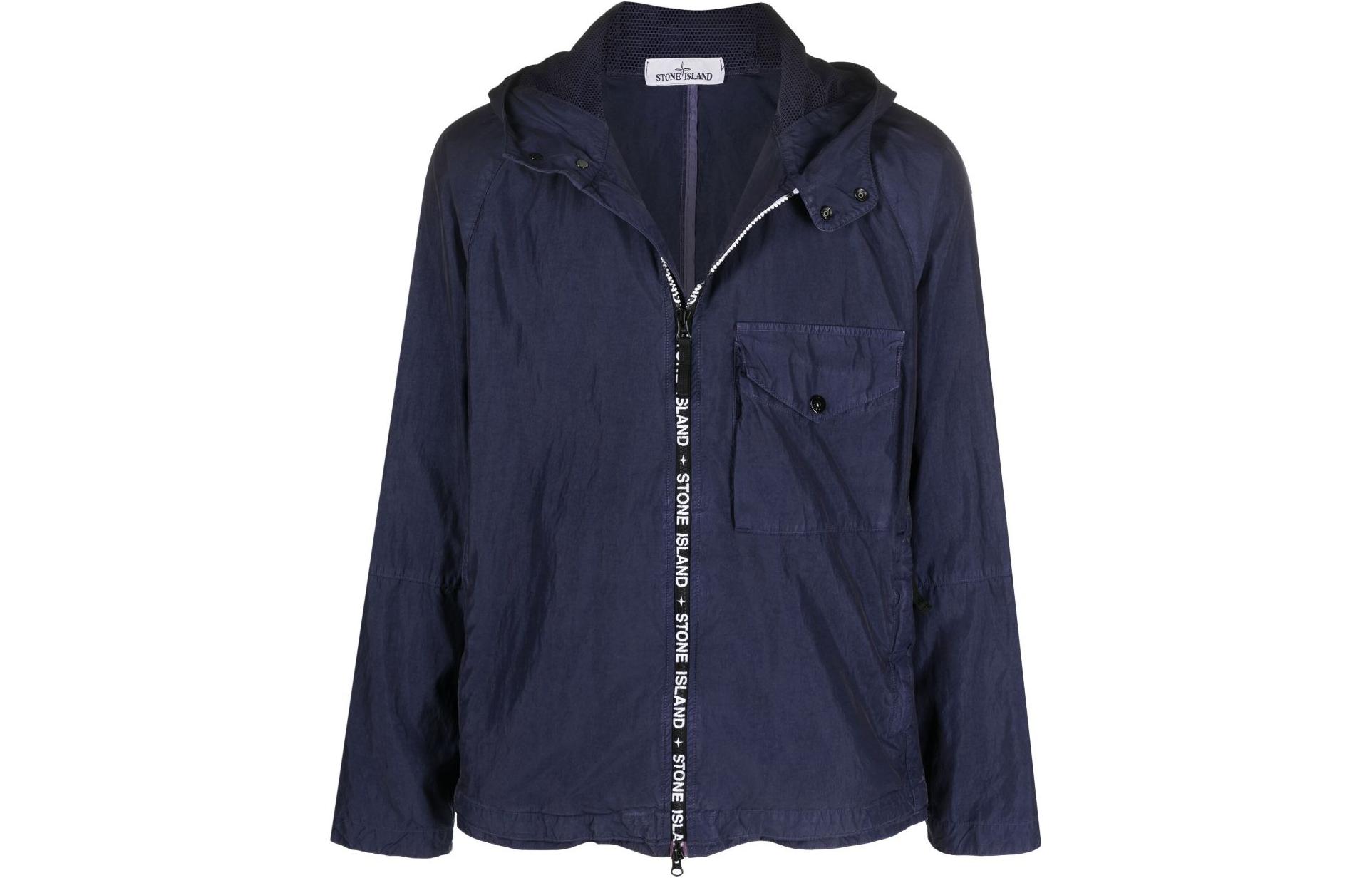 Stone Island Logo Trim Hooded Jacket Blue 7615428E1-V0027