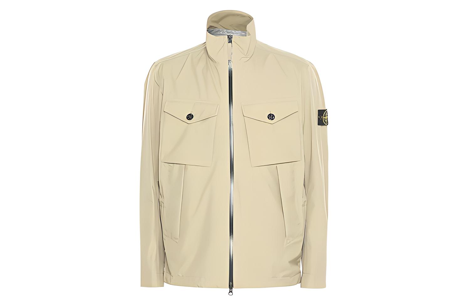 Stone Island Loose Fit Zip-Up Stand Collar Logo Jacket - Sand Color 721542220-V0098