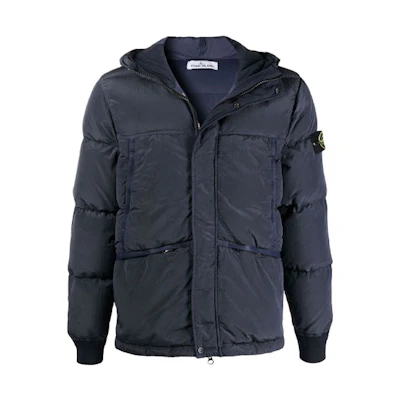 Stone Island Metallic Nylon Hooded Down Jacket Unisex - Navy Blue 751544508-V0026