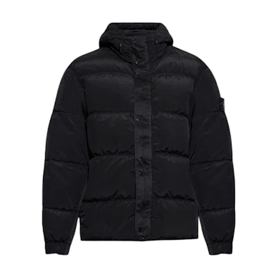 Stone Island Metallic Nylon Logo Patch Hooded Down Jacket Black Unisex 811541419-V0029