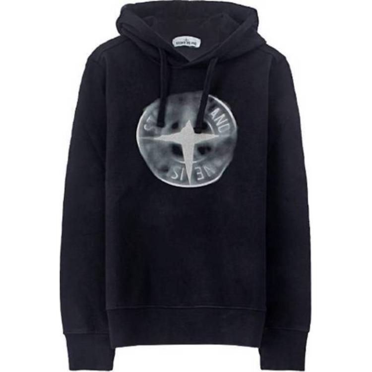 Stone Island Navy Blue Hooded Printed Pullover Sweatshirt for Men 711566089-V0020