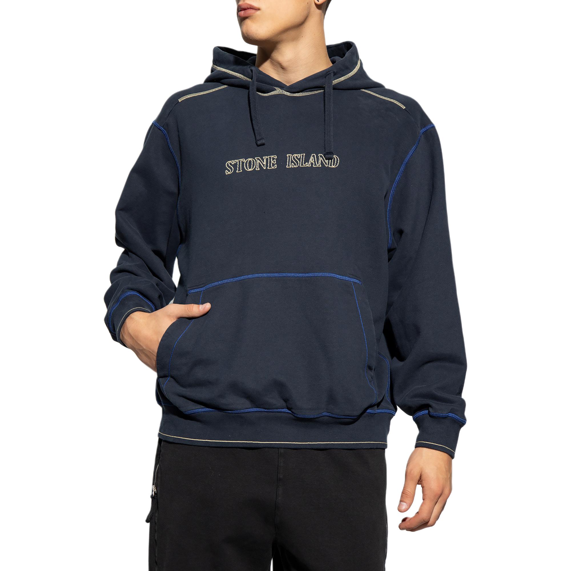 Shop STONE ISLAND 深藍字母刺繡寬鬆版連帽長袖男士上衣 791560678-V0020