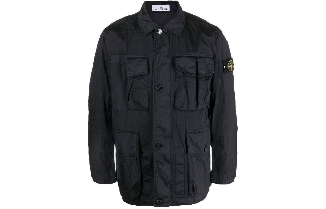 Stone Island Navy Blue Solid Color Button-Up Collared Jacket 781541620-V0020