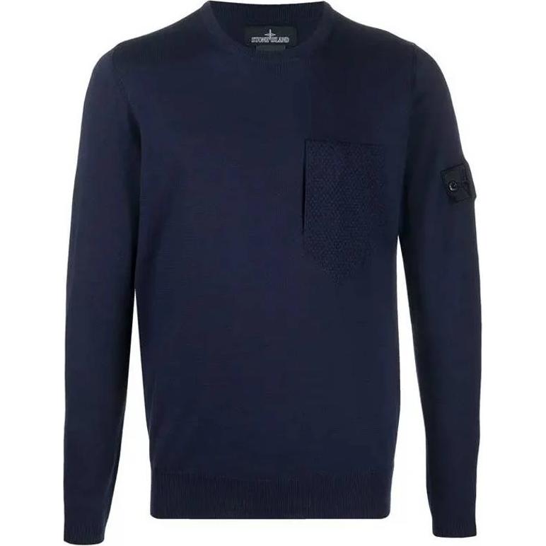 Stone Island Navy Blue Solid Knit Pullover Crewneck Long-Sleeve Sweater 7419506A4-V0026