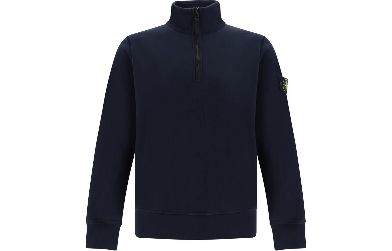 Stone Island Navy Blue Solid Zip-Up Stand Collar Sweatshirt 801561951-A0020