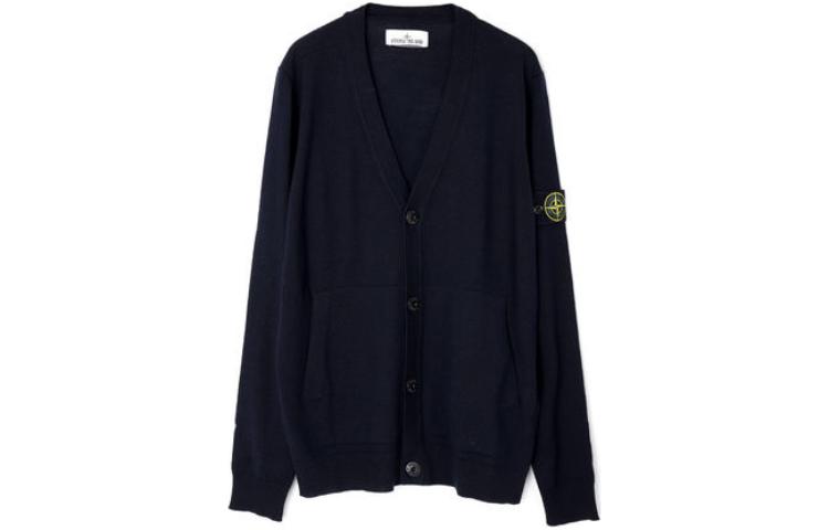 Stone Island Navy Blue V-Neck Printed Embroidered Knit Sweater for Men. 7915511C4-V0020