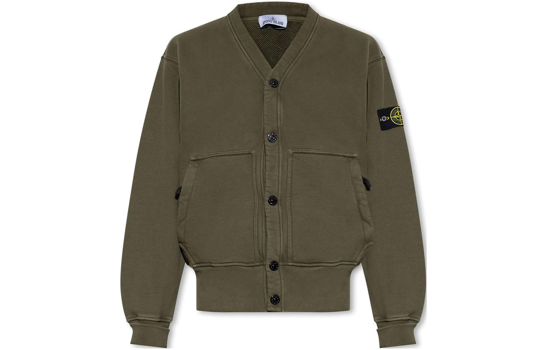 Stone Island Olive Green V-Neck Logo Print Loose-Fit Long-Sleeve Jacket Mens 791566255-V0158