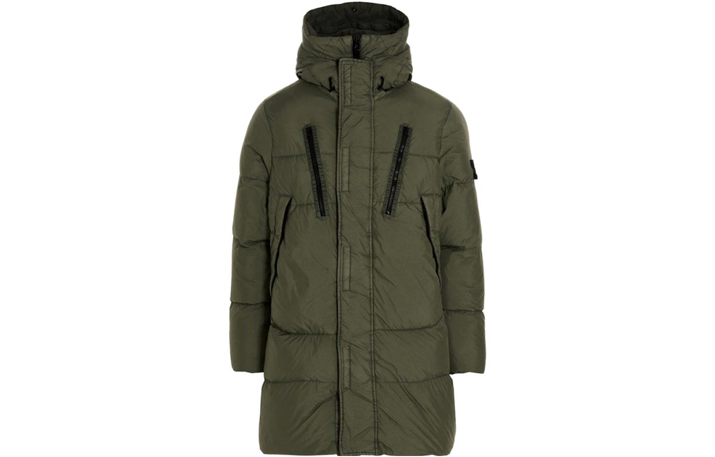 Stone Island Olive Solid Color Long Hooded Zip Jacket for Men 751570123-V0055