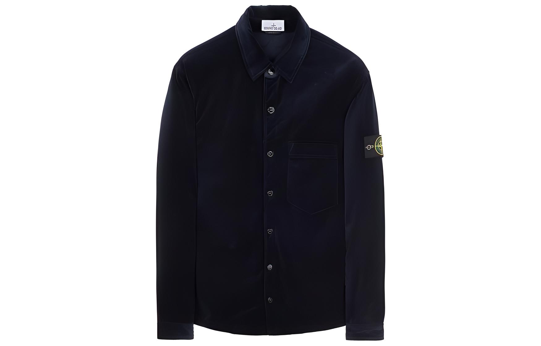 Stone Island Plain Logo Long-Sleeve Button-Up Jacket Navy Blue 791511709-V0020