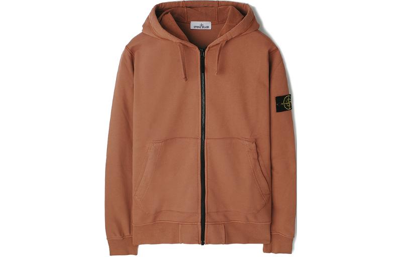 Stone Island Solid Color Badge Hoodie Zip Jacket Orange Casual Outerwear 801564251-V0013