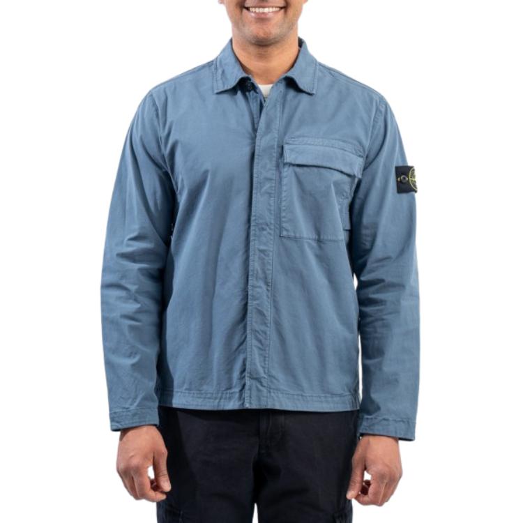 Stone Island Solid Color Button-Up Jacket Long Sleeve - Blue 801510710-V0024