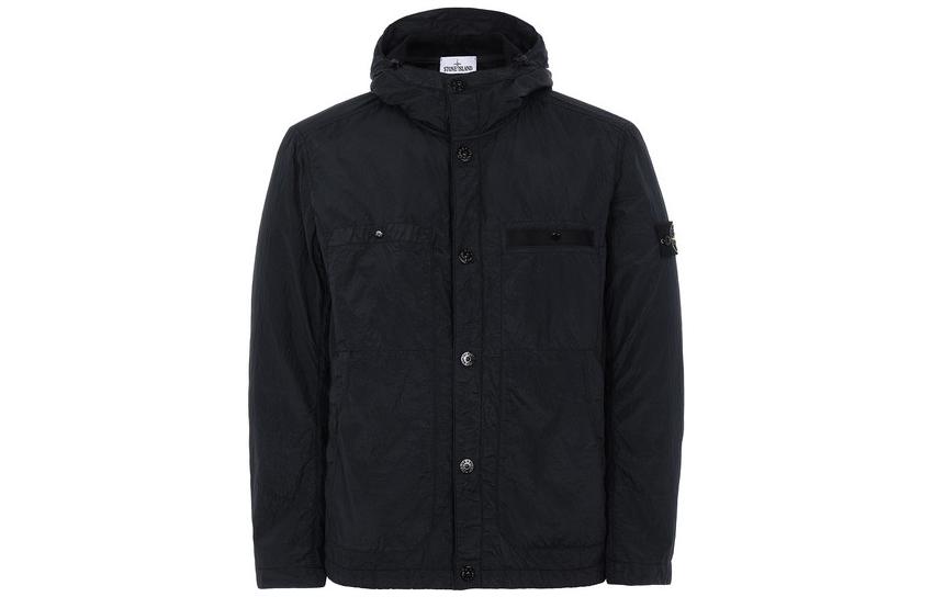 Stone Island Solid Color Crinkled Hooded Long Sleeve Jacket Black 721545329-V0029